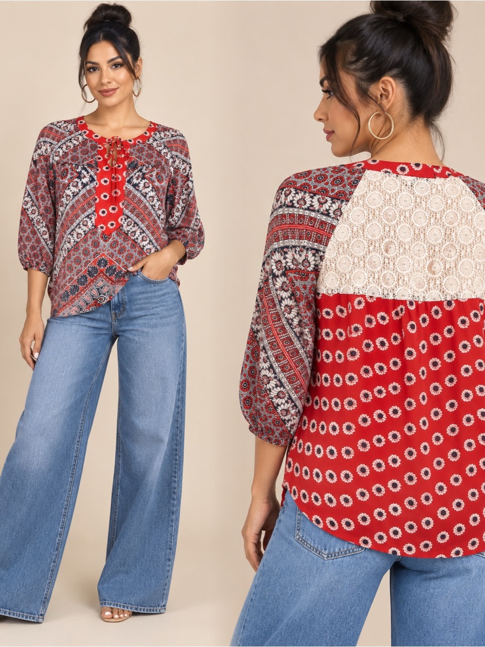 Red Mixed-Print Crochet-Yoke Peasant Blouse